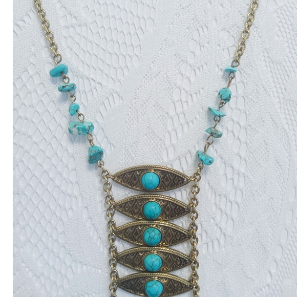 Shyanne Faux Turquoise and Gold Tone Tassel Necklace With Adjustable Length Chai - Picture 3 of 6
